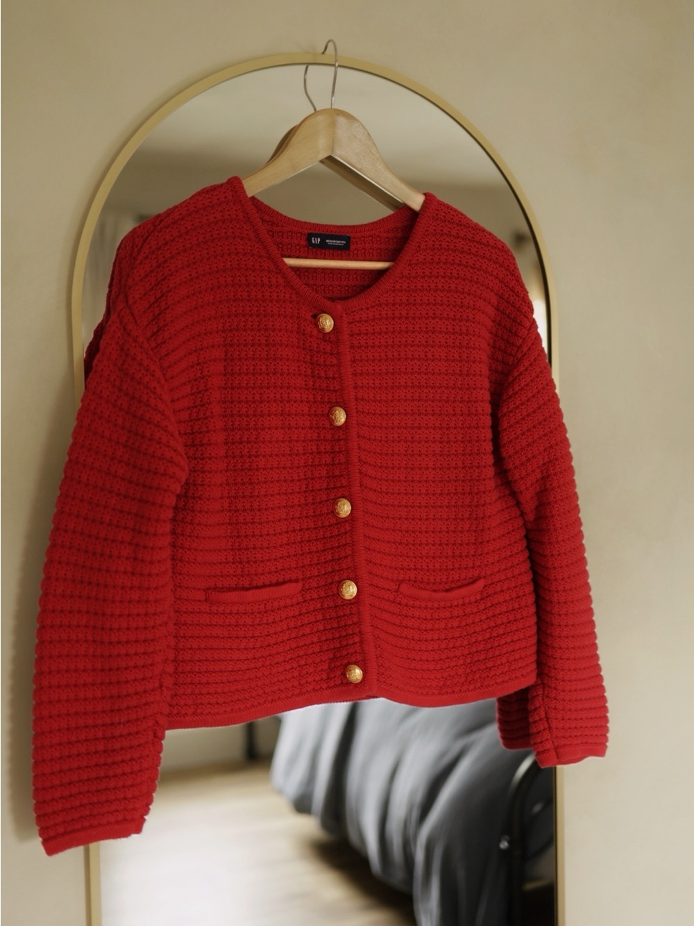 100% Cotton Cropped Red Sweater Jacket